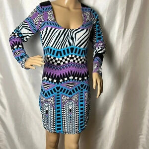 Multicolor Aztec, checkered ,zebra print sheath  dress. Back cut out, geometric